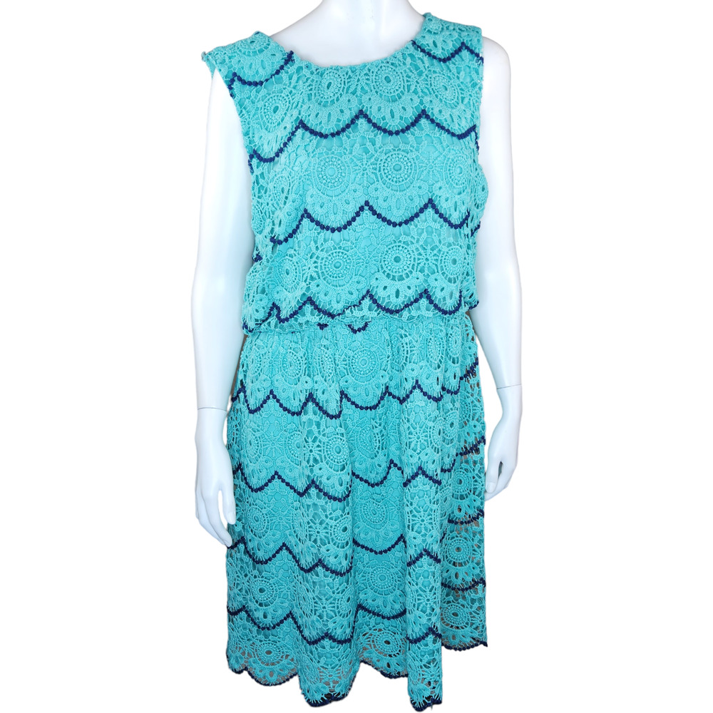 Luxology Womens 14 Blue Teal Crochet Lace Sleeveless Midi Dress Elastic Waist‎